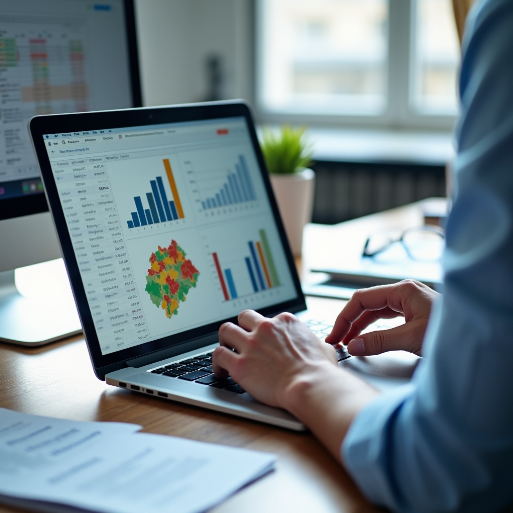 Analiză de piață imobiliară — grafice și date pe ecran de laptop