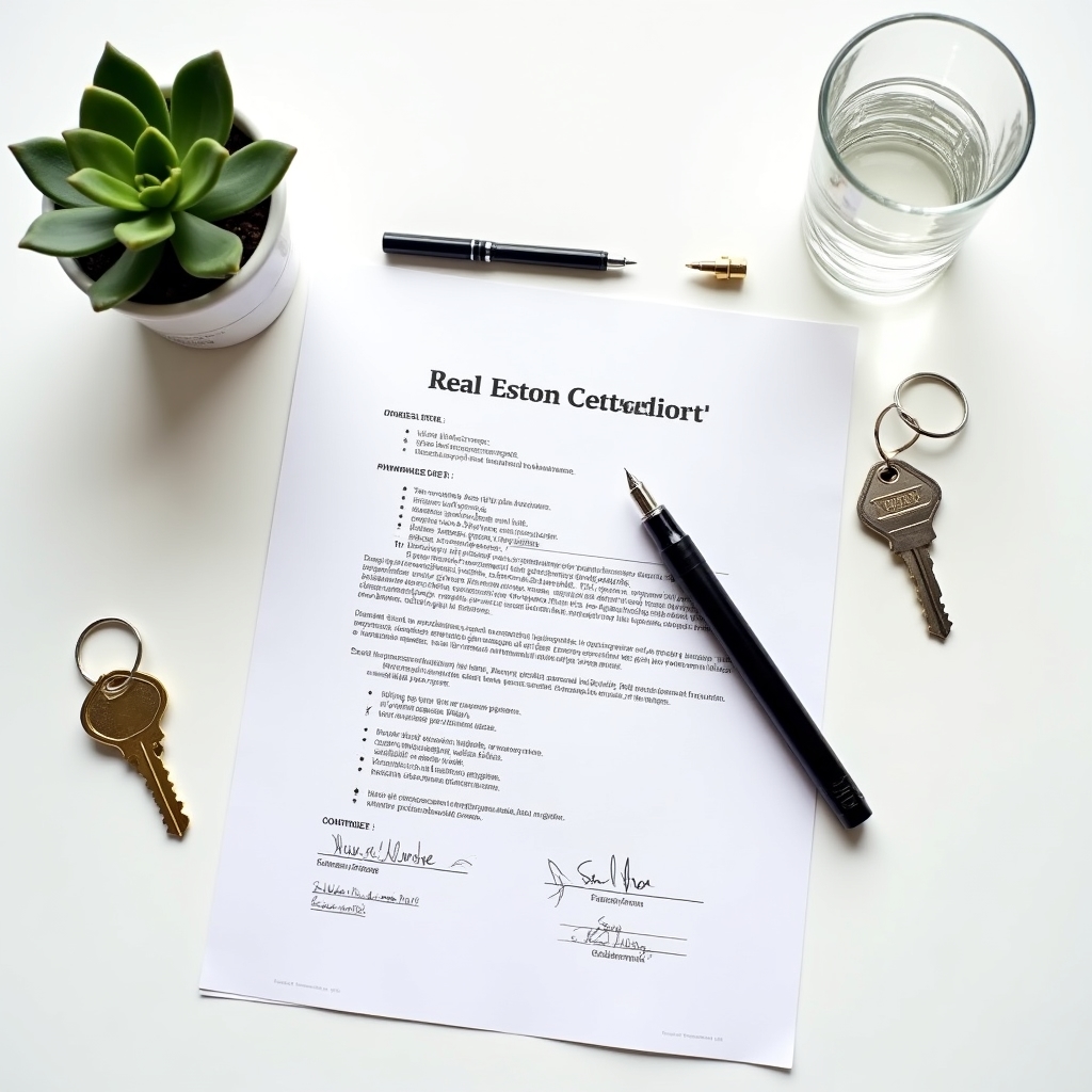 Contract imobiliar semnat pe un birou elegant cu stilou