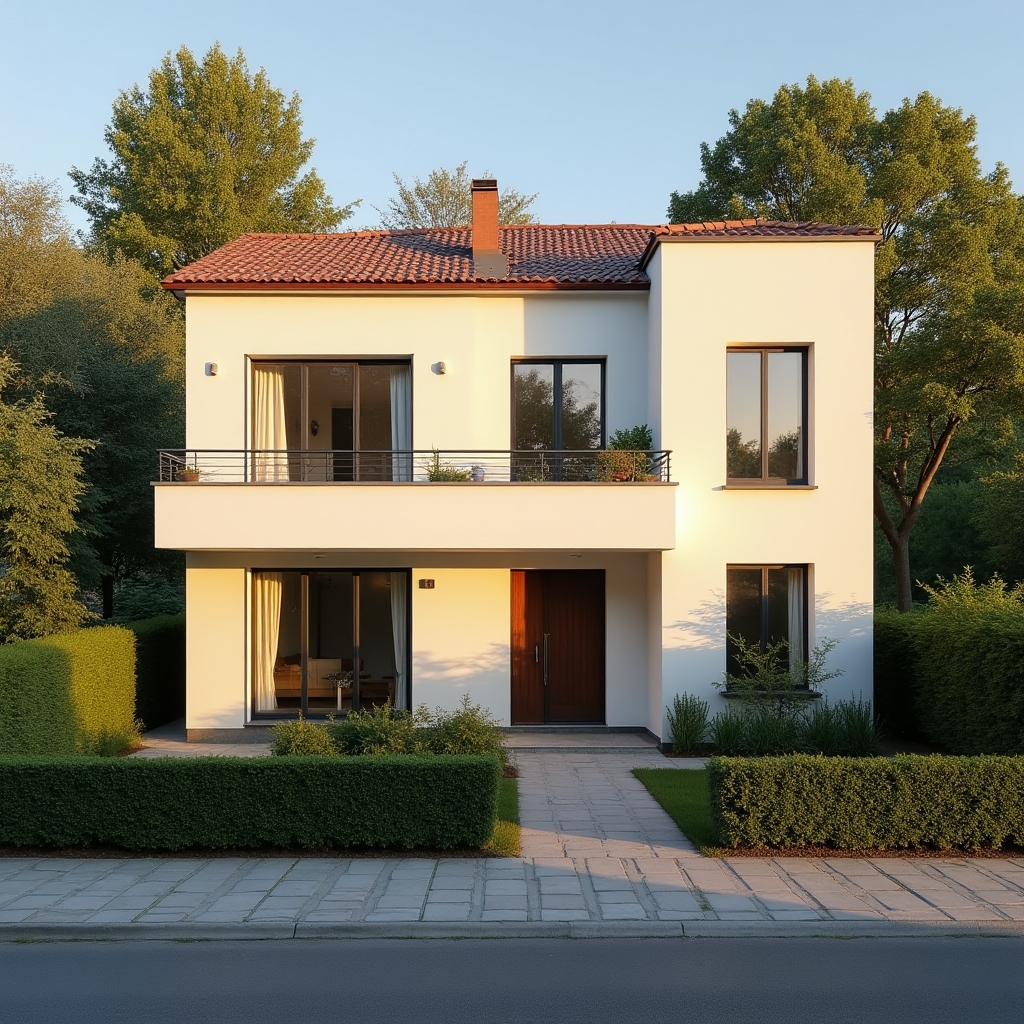 Locuință modernă — vedere exterioară cu grădină și lumină naturală